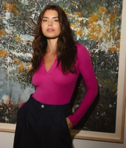 The Essential Long Sleeve Collared Bodysuit - Hibiscus 4 The Essential Long Sleeve Collared Bodysuit - Hibiscus -Summersalt Shop The Essential Long Sleeve Collared Bodysuit 3