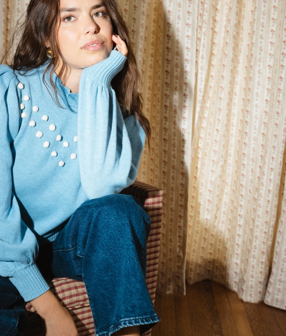 The Year-Round Balloon Sleeve Pompom Sweater - Glacier The Year-Round Balloon Sleeve Pompom Sweater - Glacier -Summersalt Shop Year Round Balloon Sleeve Pompom Sweater Glacier 2