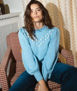 The Year-Round Balloon Sleeve Pompom Sweater - Glacier 5 The Year-Round Balloon Sleeve Pompom Sweater - Glacier -Summersalt Shop Year Round Balloon Sleeve Pompom Sweater Glacier 4