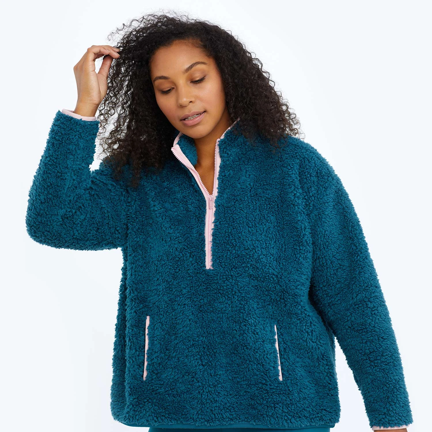 The Cozy High Pile Eco Fleece Half-Zip - Venetian & Pink Sky The Cozy High Pile Eco Fleece Half-Zip - Venetian & Pink Sky -Summersalt Shop Zip Green Front