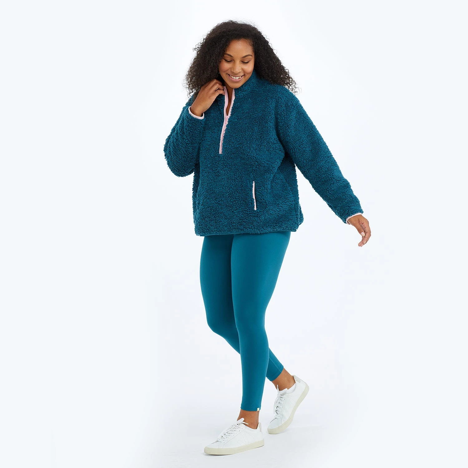 The Cozy High Pile Eco Fleece Half-Zip - Venetian & Pink Sky The Cozy High Pile Eco Fleece Half-Zip - Venetian & Pink Sky -Summersalt Shop Zip Green Front 2