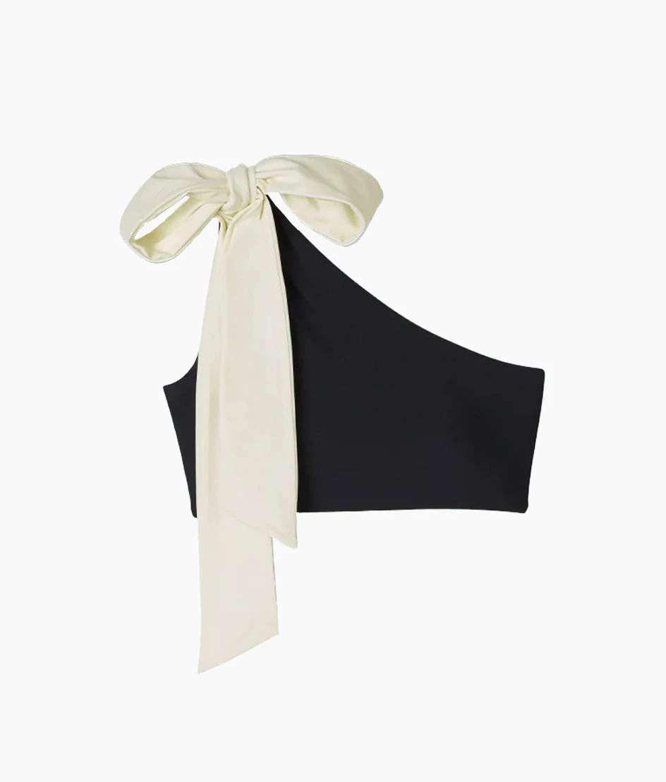 The Bow-Shoulder Ruched Sidestroke Bikini Top - Sea Urchin & White Sand The Bow-Shoulder Ruched Sidestroke Bikini Top - Sea Urchin & White Sand -Summersalt Shop flatlaygraybackground 140